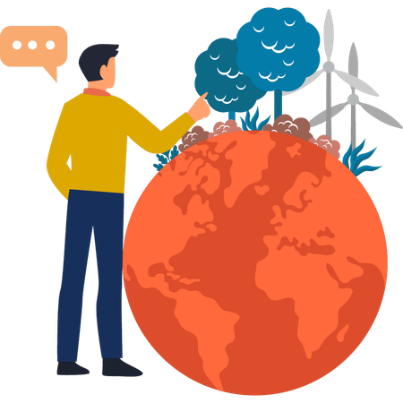 Un garçon pointe du doigt le changement climatique mondial  Illustration