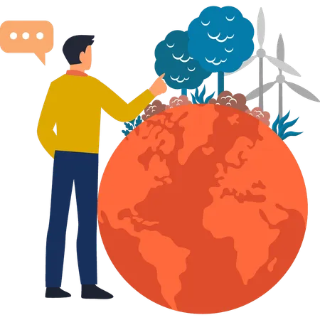 Un garçon pointe du doigt le changement climatique mondial  Illustration