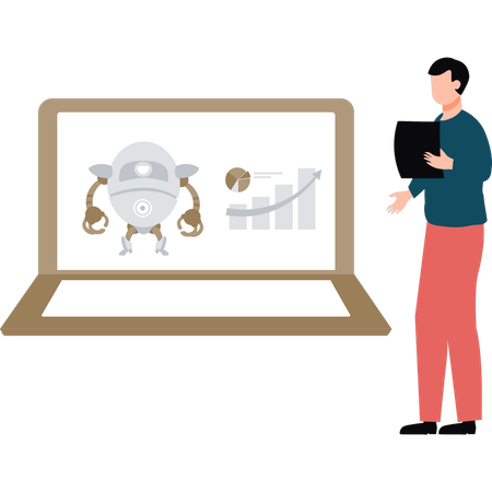 Le garçon montre un tableau financier généré par l'IA sur un ordinateur portable  Illustration