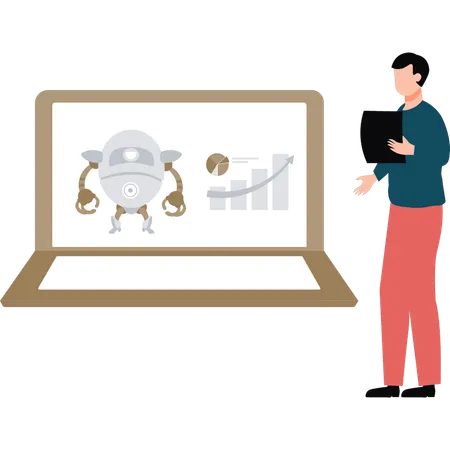 Le garçon montre un tableau financier généré par l'IA sur un ordinateur portable  Illustration