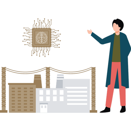 Le garçon montre une puce dans l'industrie  Illustration