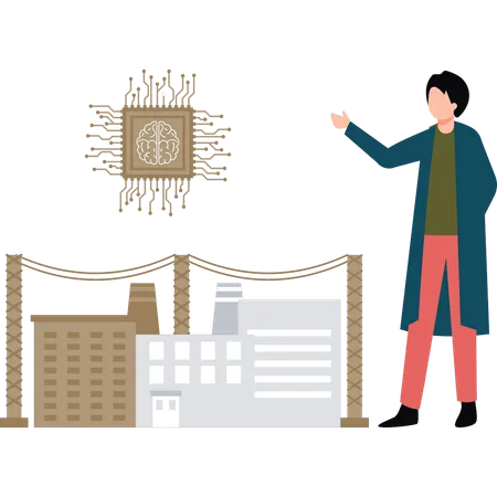 Le garçon montre une puce dans l'industrie  Illustration