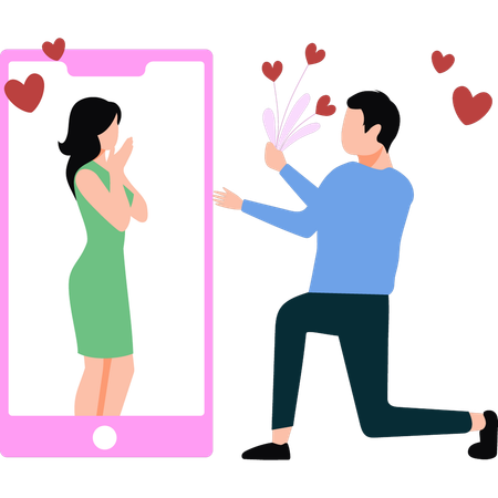 Un garçon offre des fleurs à une fille en ligne  Illustration