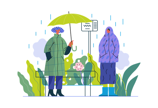 Le garçon offre un parapluie à la fille sous une forte pluie  Illustration