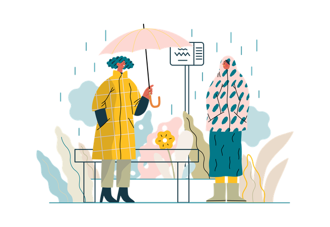 Le garçon offre un parapluie à la fille sous une forte pluie  Illustration