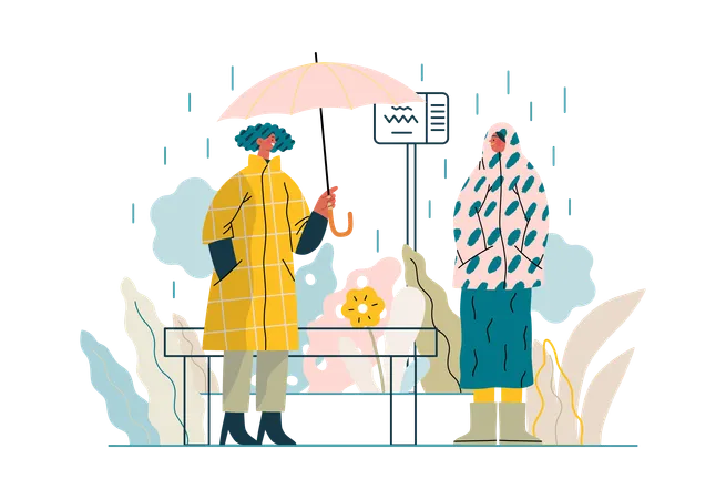 Le garçon offre un parapluie à la fille sous une forte pluie  Illustration