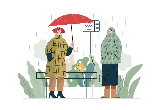 Le garçon offre un parapluie à la fille sous une forte pluie  Illustration