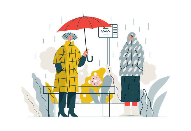 Le garçon offre un parapluie à la fille sous une forte pluie  Illustration