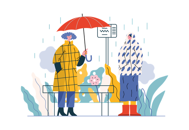 Le garçon offre un parapluie à la fille sous une forte pluie  Illustration