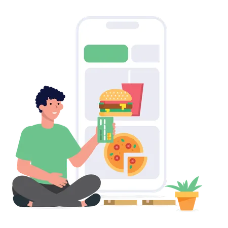Un garçon paie de l'argent après avoir commandé de la nourriture en ligne  Illustration