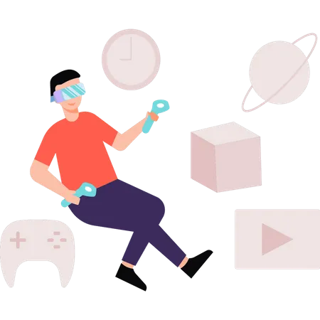 Un garçon portant des lunettes VR joue à un jeu  Illustration