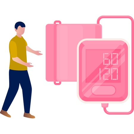 Un garçon présente un kit de tension artérielle  Illustration