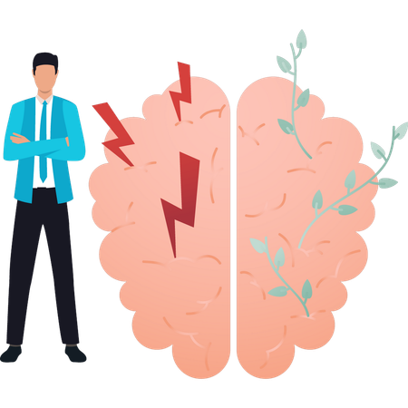 Le garçon se tient à côté du cerveau  Illustration