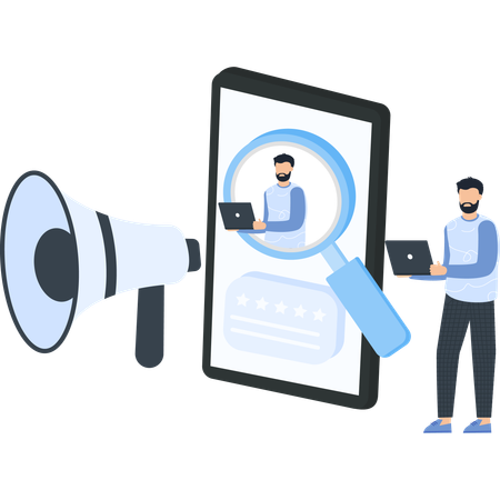 Un garçon travaille sur le marketing numérique  Illustration