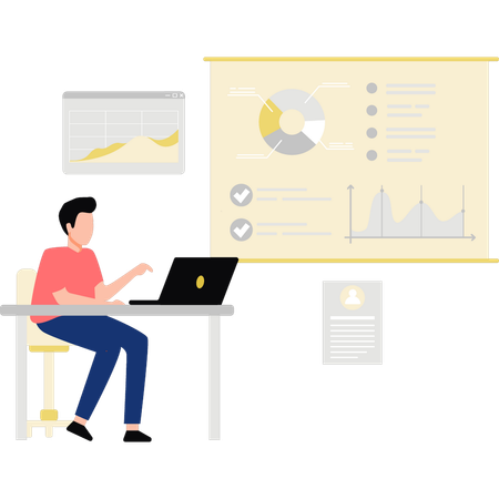 Le garçon travaille sur un graphique  Illustration