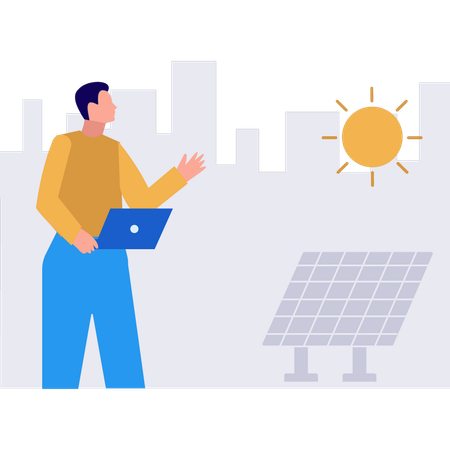 Le garçon travaille sur un ordinateur portable en utilisant l'énergie solaire  Illustration