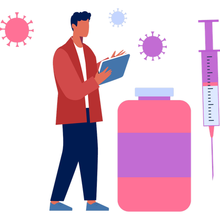 Un garçon travaille sur un vaccin pour se protéger contre les germes viraux  Illustration