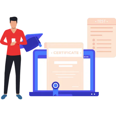 Un garçon utilise un mobile pour obtenir un certificat en ligne  Illustration