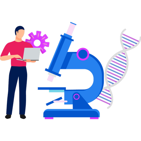 Le garçon utilise un ordinateur portable à côté du microscope  Illustration