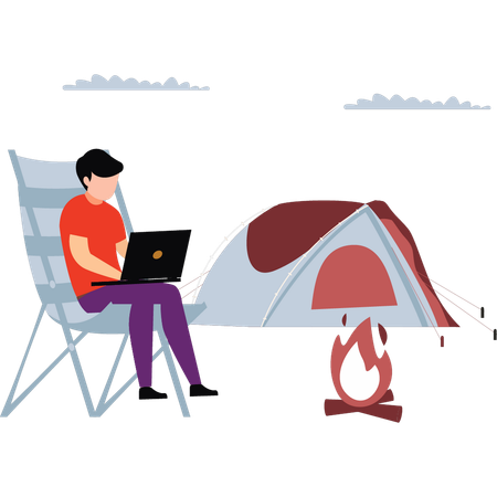 Le garçon utilise un ordinateur portable en camping  Illustration