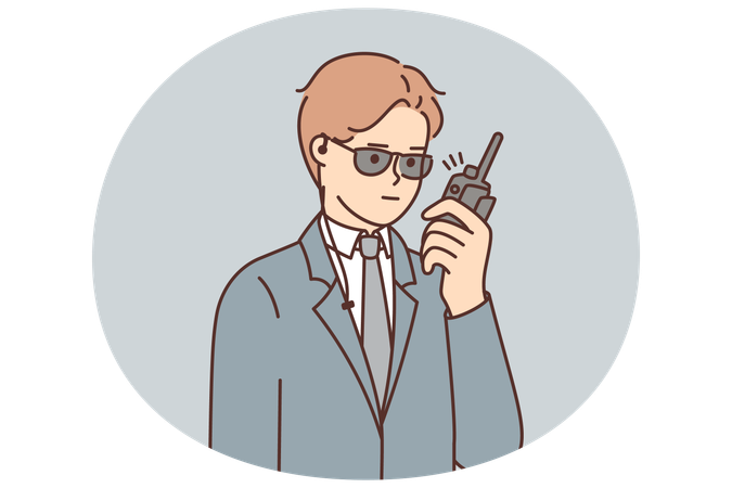 Un garde du corps utilise un talkie-walkie pour informer le service de sécurité de l'arrivée d'un invité  Illustration