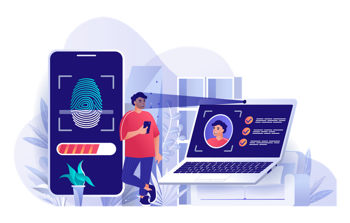 Un gars intelligent utilisant la sécurité numérique moderne  Illustration