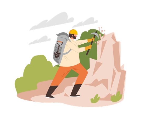 Un géologue écrase la roche avec un équipement spécial  Illustration