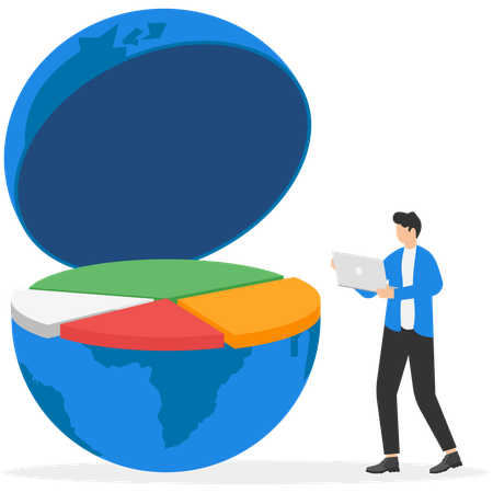 Un gráfico circular en la mitad del globo y personas con ropa de negocios manejan datos a través de una estación táctil  Ilustración