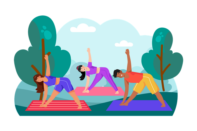 Un groupe d'amis se réunit pour une séance de yoga matinale dans le parc  Illustration