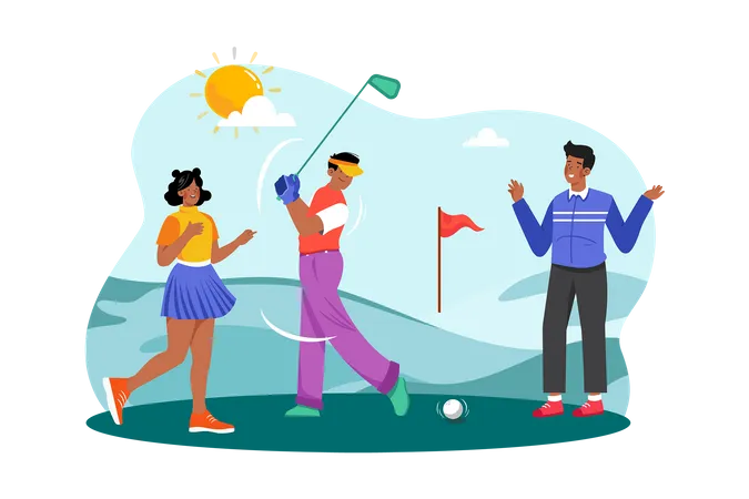 Un grupo de amigos juega una partida de golf por la mañana en un hermoso campo.  Ilustración