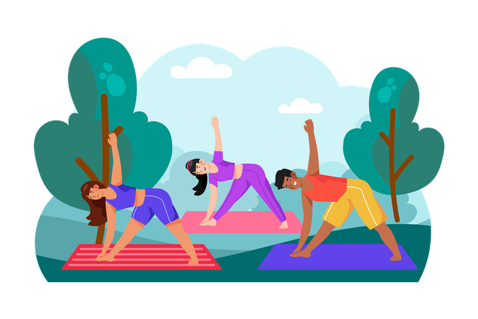Un grupo de amigos se reúne para una sesión de yoga matutina en el parque.  Ilustración