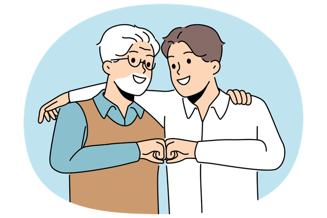 Un hijo pequeño y un padre anciano se abrazan y chocan los puños para demostrar la unidad entre generaciones.  Ilustración