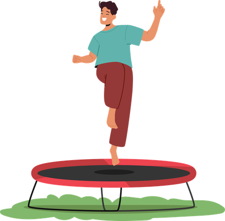 Un hombre alegre disfruta saltando en un trampolín en un entorno recreativo que resalta la diversión  Ilustración