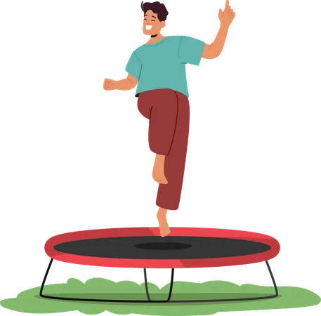 Un hombre alegre disfruta saltando en un trampolín en un entorno recreativo que resalta la diversión  Ilustración