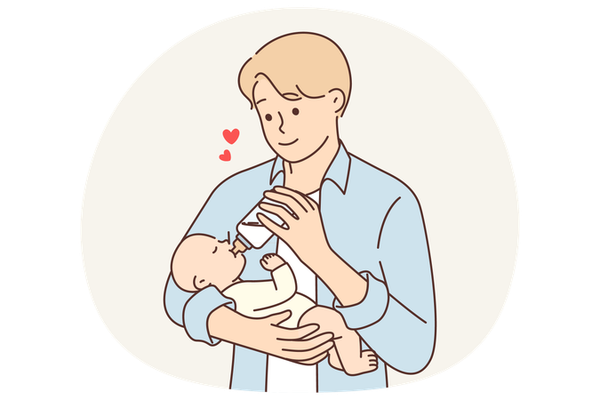 Un hombre alimenta a un bebé recién nacido que siente amor paternal por el bebé por el concepto de crianza igualitaria  Ilustración