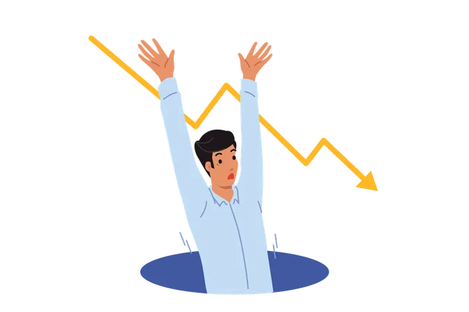 Un hombre cae en un pozo de crisis y levanta las manos pidiendo ayuda para evitar la bancarrota  Ilustración