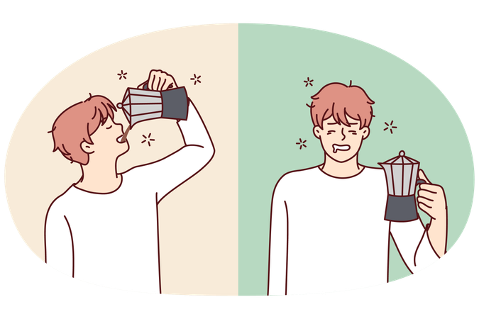 Un hombre cansado se siente aliviado y alegre mientras bebe una bebida de café de una jarra.  Ilustración