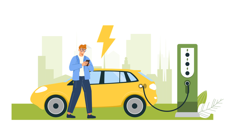 Un hombre carga su coche eléctrico en una estación de carga  Ilustración