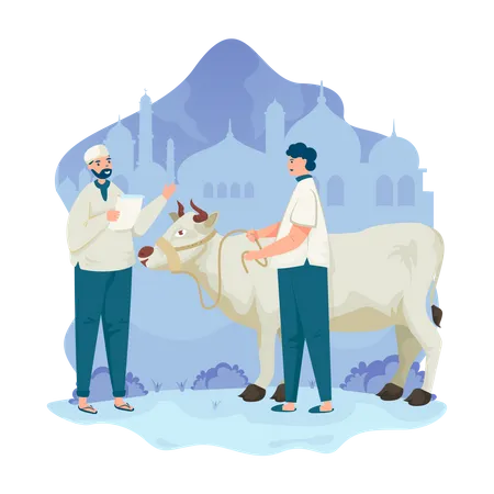 Ilustracion De Un Hombre Con Su Vaca Para El Sacrificio Islamico De La Tradicion De Eid Al Adha Ilustración