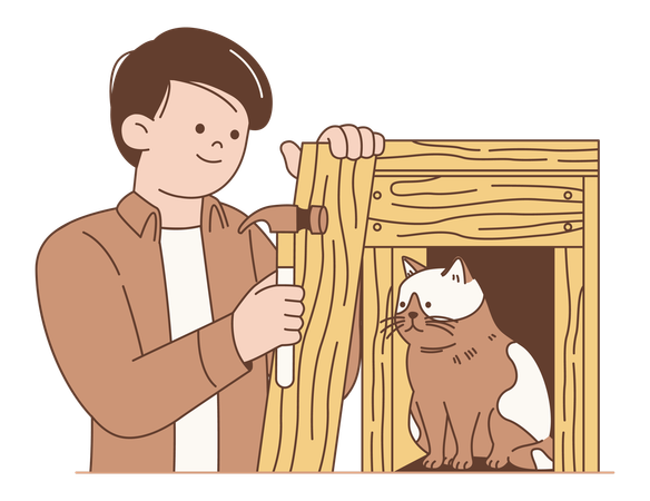 Un hombre construye un refugio para un gato callejero como acto de bondad.  Ilustración