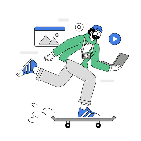 Un hombre cumple con el plazo de edición de contenido en patineta  Ilustración