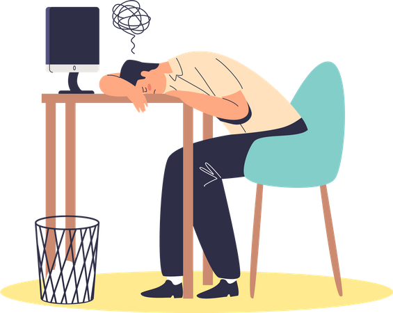 Un hombre de negocios cansado y exhausto tumbado en el escritorio, sobrecargado de trabajo y abrumado en el lugar de trabajo  Ilustración