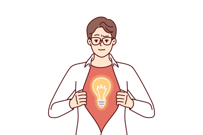 Un hombre de negocios con una idea brillante rasga la camisa en el pecho mostrando un disfraz de superhéroe con una bombilla  Ilustración