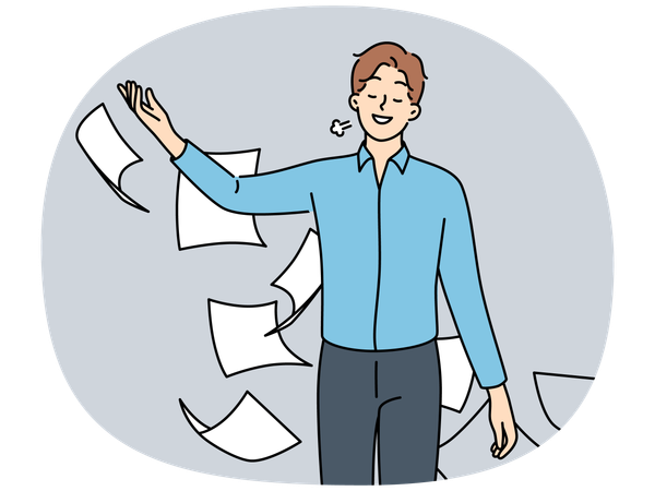 Un hombre de negocios feliz tira papeles y se siente aliviado.  Ilustración