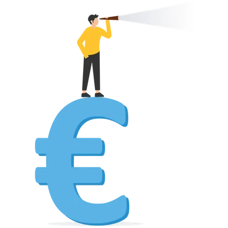 Un hombre de negocios inteligente y seguro de pie sobre un cartel de dinero en euros usando un telescopio para ver la predicción futura  Ilustración