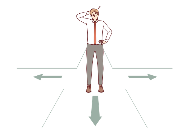 Un hombre de negocios reflexivo toma una decisión en una encrucijada y acepta una decisión difícil  Ilustración