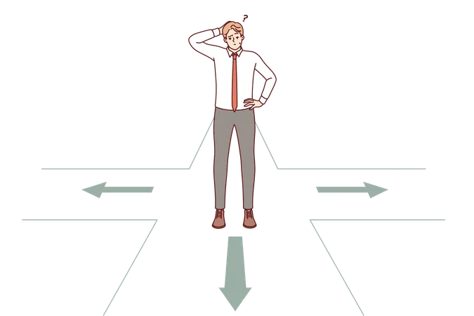 Un hombre de negocios reflexivo toma una decisión en una encrucijada y acepta una decisión difícil  Ilustración