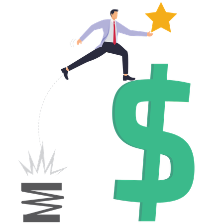 Un hombre de negocios salta para alcanzar la estrella al final del símbolo del dinero.  Ilustración