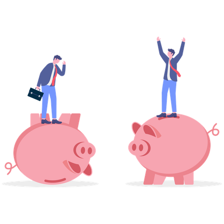 Un hombre de negocios se endeuda financieramente mientras que otro hombre de negocios obtiene ganancias  Ilustración