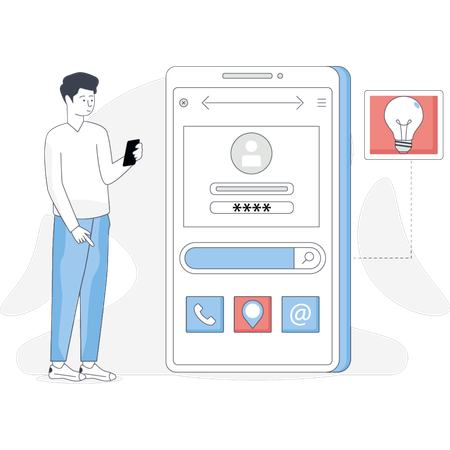 Un hombre se encuentra junto a un teléfono y una bombilla, sugiriendo una conversación sobre ideas o innovación.  Ilustración
